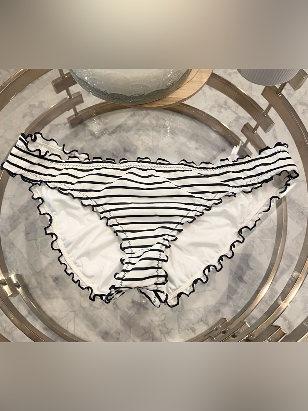 Victoria's Secret White and Black Striped Ruffle Bikini Bottom size medium